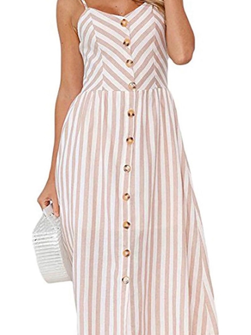 Striped Spaghetti-Strap Midi Dress in Cream and White